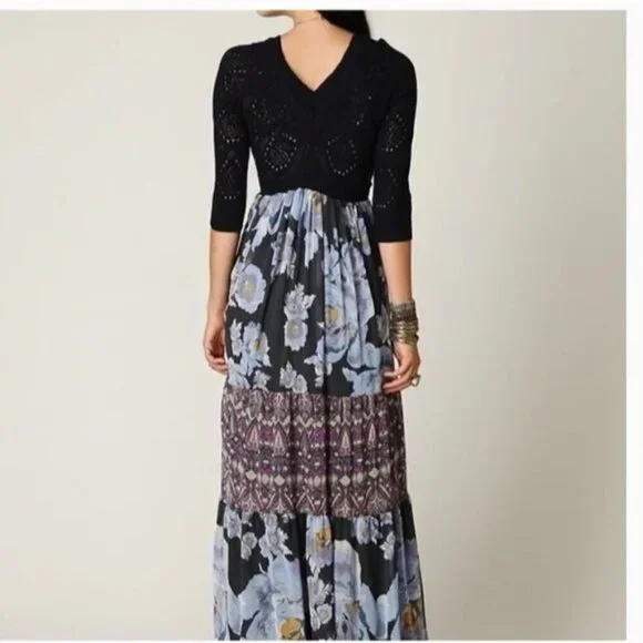 Free People RARE NWT Blue Ethic Rose Crochet Knit Tiered Floral Maxi Dress Bohem - Picture 2 of 13